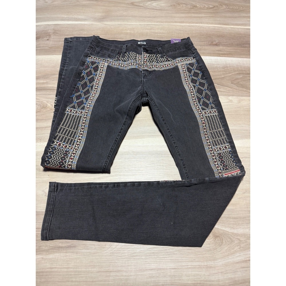 BDG Mid Rise Twig Jeans Womens 28W 33L Black Embroidered Boho Skinny Long Denim
